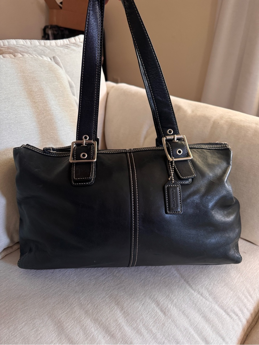 Coach Black Leather Shoulder Tote with Silver Hardware